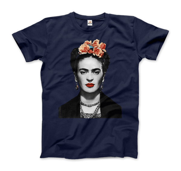 Frida Kahlo With Flowers Poster Artwork T-Shirt - Men / Navy / Small by Art-O-Rama