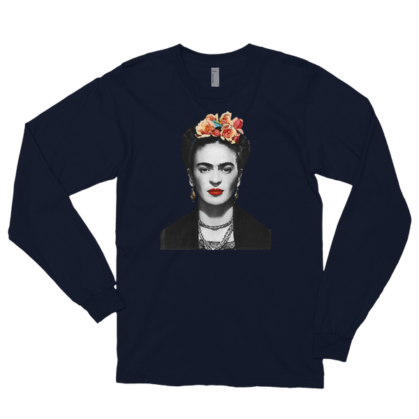 Frida Kahlo With Flowers Poster Artwork Long Sleeve Shirt - Navy / Small by Art-O-Rama