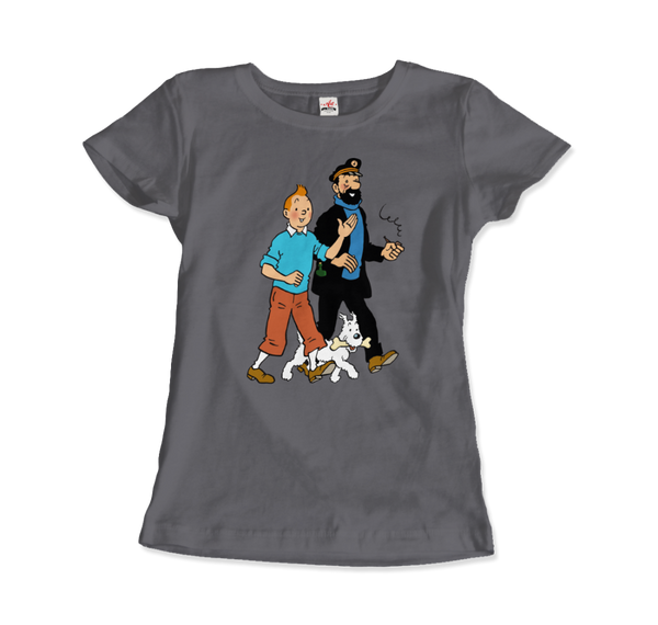 Tintin, Snowy and Captain Haddock Artwork T-Shirt - Women / Charcoal / Small by Art-O-Rama