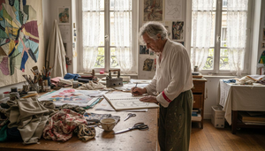 Artist sketching in textile-filled studio