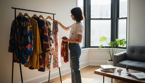 Woman arranging art apparel display at home