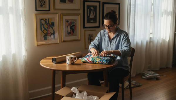 Woman wraps creative modern art gifts at home