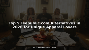 Young adults shopping for unique graphic apparel at home