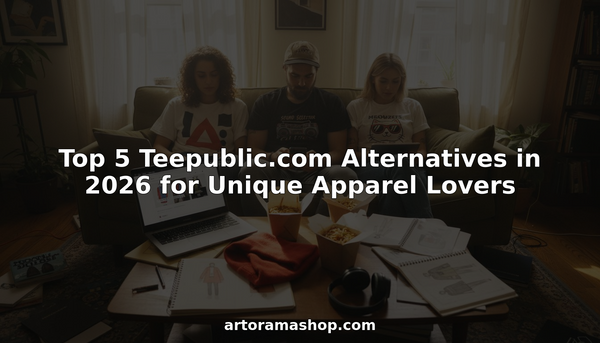 Young adults shopping for unique graphic apparel at home