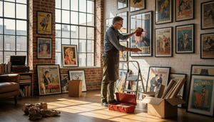 Collector arranges vintage art posters in loft