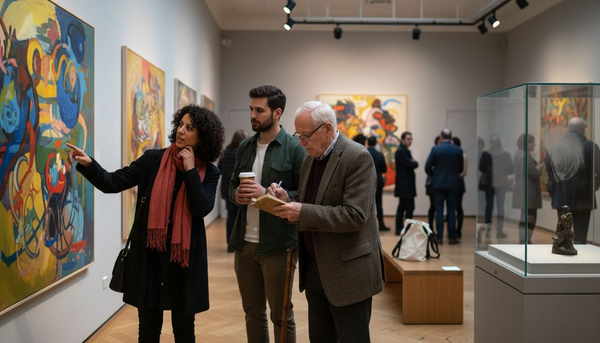 Visitors viewing modern art in gallery