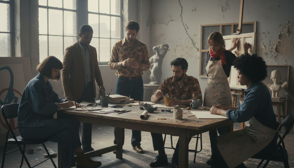 Seven artists in bustling loft studio workspace