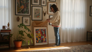 Woman unwrapping art gift in living room