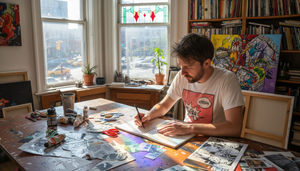 Artist sketching pop art in bright studio