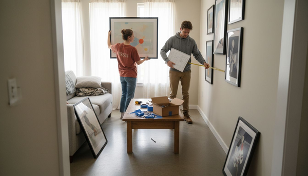 Couple planning home art poster wall layout