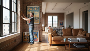 Man arranging art posters in loft living room