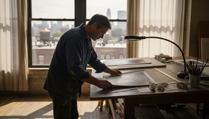 Artist inspecting art prints in studio
