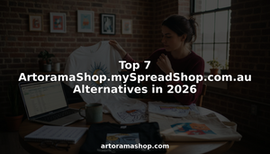 Woman compares artist merchandise from online shops