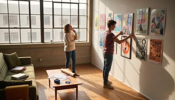 Couple arranging art posters in sunlit living room