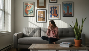 Gallery wall of posters behind sofa