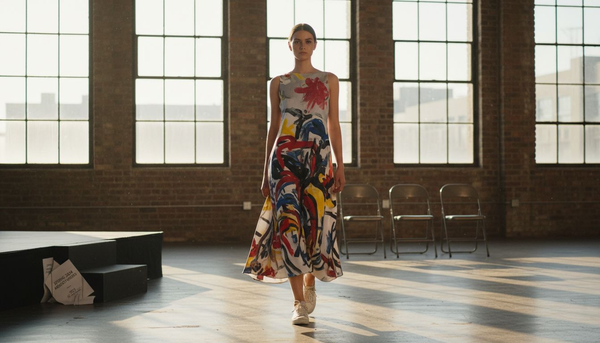 Model on runway in art-inspired fashion