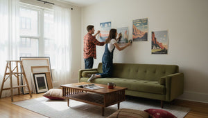 Couple arranging art posters in cozy living room