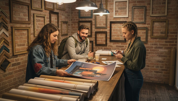 Young adults shopping for art posters in gallery