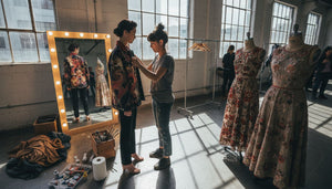 Designer adjusts wearable art jacket backstage