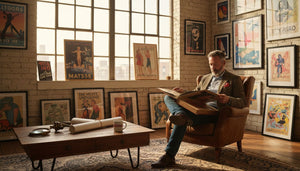 Collector with art posters in loft gallery