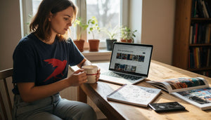 Woman browsing art apparel homepage