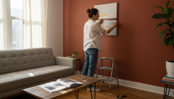 Woman hanging art in living room with accent wall
