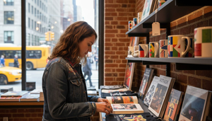Shopper browsing modern art merchandise display