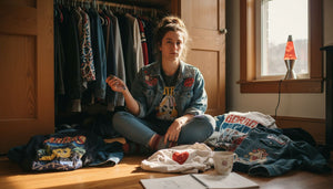 Woman sorts creative art apparel in bedroom