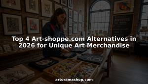 Shopper browsing unique art merchandise table