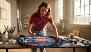 Artist painting design on denim jacket
