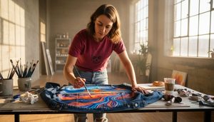 Artist painting design on denim jacket