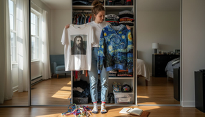 Woman choosing art-inspired apparel in closet