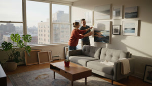 Couple arranging art in modern apartment