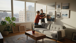 Couple arranging art in modern apartment