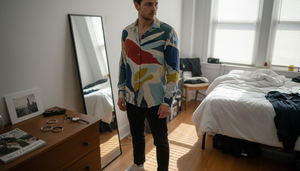 Man pairing art shirt with neutral pants