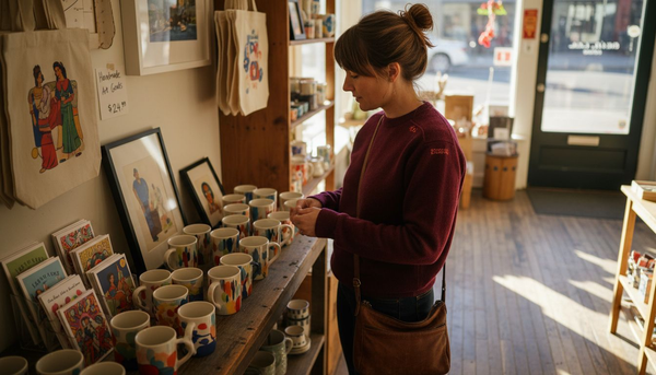 Woman shopping unique art-themed gifts