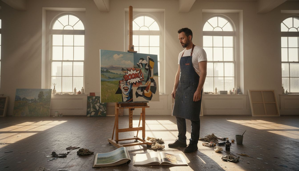 Artist in studio painting famous art styles