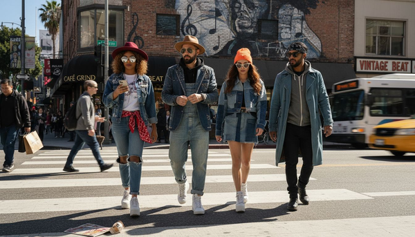 Pop icons crossing street in bold streetwear