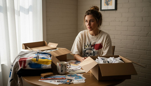 Woman sorting art-themed clothing gifts