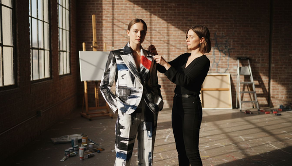 Art stylist adjusting model in urban studio