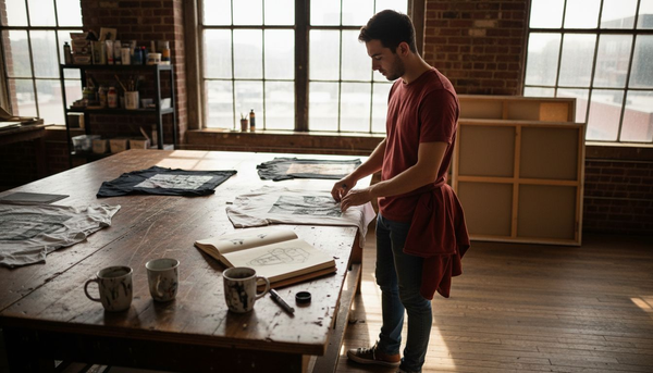 Art t-shirt collector examining shirts in loft