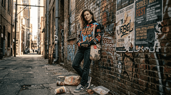 Woman modeling custom art clothing in city alley