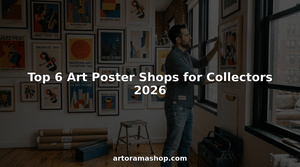 Art collector hanging poster in city loft