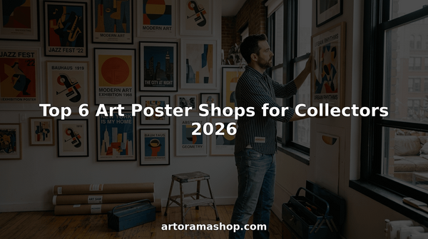 Art collector hanging poster in city loft