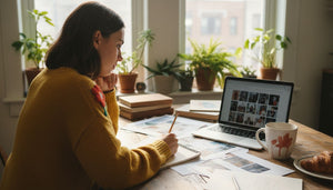 Woman reviewing artist designs at sunlit kitchen table