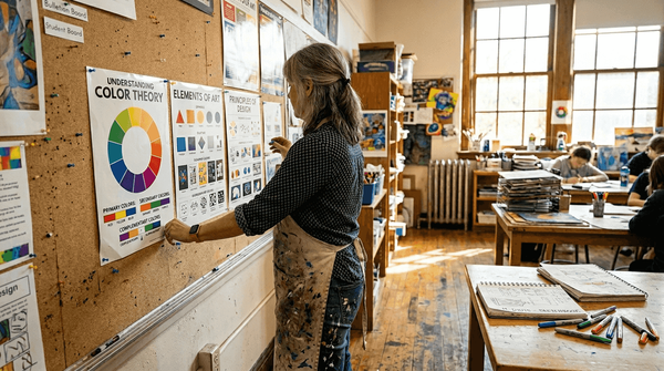 Teacher arranging art posters in classroom