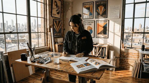 Designer referencing art movements in sunny studio