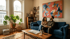 Couple admiring art-inspired city living room