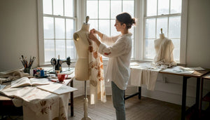 Artist pins hand-painted fabric in studio