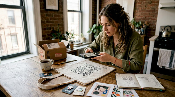 Art collector photographing merchandise at kitchen table